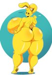 anthro big_breasts big_butt big_ears black_eyes blush breasts butt clothing dialogue dot_eyes female fur huge_breasts huge_butt huge_thighs hyper hyper_butt long_ears looking_back nude pawpads pose presenting presenting_hindquarters scut_tail short_tail solo standing tail text thick_thighs thong toony toony_expression transparent_tail underwear wide_hips yellow_body yellow_fur omegabrawl posterbunbun lagomorph leporid mammal rabbit digital_media_(artwork) english_text hi_res