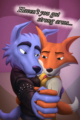 anthro black_bottomwear black_clothing black_eyes black_jacket black_pants black_topwear blue_body blue_ears blue_fur blue_tail bottomwear brown_bottomwear brown_claws brown_clothing brown_nose brown_pants claws clothed clothing dancing duo face_to_face fur half-closed_eyes hand_holding hand_on_back jacket looking_at_another male male/male multicolored_body multicolored_fur narrowed_eyes orange_body orange_ears orange_fur orange_tail pants romantic shirt smile standing tail text topwear two_tone_body two_tone_fur vest white_body white_clothing white_fur white_shirt white_tail white_topwear yellow_clothing yellow_topwear yellow_vest trashbadger don't_eat_the_neighbours fox_(don't_eat_the_neighbours) wolf_(don't_eat_the_neighbours) canid canine canis fox mammal wolf 2026 2:3 digital_media_(artwork) english_text hi_res