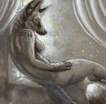 anthro biped breasts cadmiumtea canid canine female fox fur lying mammal nude on_side painting_(artwork) red_fox silver_fox solo spot_color traditional_media_(artwork) true_fox window