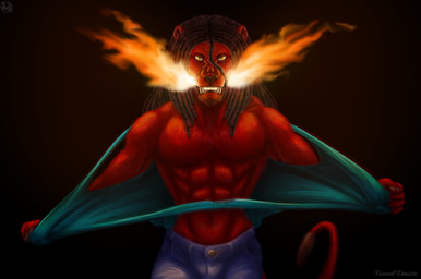abs anthro blue_bottomwear blue_clothing blue_topwear bottomwear clothing dreadlocks elemental_manipulation fangs fire fire_manipulation fur hair male muscular muscular_anthro muscular_male pecs red_body red_fur red_hair simple_background snout solo tail teeth topwear torn_clothing yellow_eyes fexneel_denisse alexander_(mash) felid lion mammal pantherine 2024 digital_media_(artwork) digital_painting_(artwork) hi_res painting_(artwork) watermark
