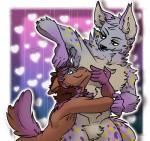 anthro cuddling dots duo hair heart_symbol horn hug male male/male mane multicolored_hair nude simple_background smile smirk mysticfluff bovid caprine felid goat hyena lion mammal pantherine absurd_res digital_media_(artwork) hi_res