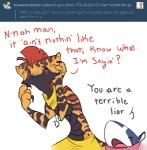 amphibian anthro anthrofied argument ask_blog beelzemon_(artist) clothed clothing comic dialogue duo english_text fan_character gael_the_scrafty generation_5_pokemon generation_6_pokemon greninja in_denial luce_the_greninja male nintendo pokemon pokemon_(species) pokemorph reaction_image scrafty text topless user_avatar
