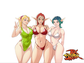 accessory big_breasts bikini blonde_hair blue_eyes breasts clothing collarbone ear_piercing ear_ring eyebrows eyelashes facial_tattoo female gesture green_clothing green_eyes green_hair green_swimwear group hair hair_accessory hairband hand_gesture hand_on_another's_hip hand_on_another's_shoulder hand_on_hip hand_on_shoulder humanoid_pointy_ears looking_at_viewer navel not_furry one-piece_swimsuit piercing pointy_ears red_bikini red_clothing red_hair red_swimwear ring_piercing simple_background smile swimwear tattoo thigh_gap trio two-piece_swimsuit v_sign white_background white_bikini white_clothing white_swimwear wide_hips dmordraws jak_and_daxter naughty_dog sony_corporation sony_interactive_entertainment ashelin keira_(jak_and_daxter) tess_(jak_and_daxter) elf humanoid 2026 4:3 hi_res