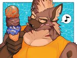 anthro clothing cream_hair dessert ear_piercing ear_ring food fur hair ice_cream licking licking_lips male mohawk multicolored_hair muscular muscular_male notched_ear pecs piercing red_body red_fur red_hair ring_piercing shirt solo tank_top tongue topwear yellow_eyes rrrr20251107 anothereidos_of_dragon_vein_r nitro_(anothereidos_r) hyena mammal spotted_hyena