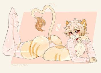 anthro big_butt blush butt chest_harness clothing cropped_hoodie flashing flashing_breasts harness legwear male nipple_piercing nipples piercing solo stockings thick_thighs thighs_up thong torn_clothing underwear wolfnyu finn_(itsjay) felid lion mammal pantherine hi_res