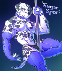 abs anthro armwear biceps bulge clothing collar elbow_gloves fingerless_gloves gloves handwear legwear male muscular muscular_anthro muscular_male neck_muscles nipples pecs pole simple_background solo spots stockings stripper_pole thong underwear emoster canid canine canis dalmatian domestic_dog mammal 2020 hi_res