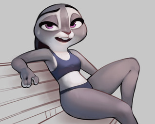 anthro bench biped bodily_fluids bra breasts buckteeth clothed clothed_anthro clothed_female clothing countershade_face countershade_hands countershading eyebrows female fingers floppy_ears fur grey_background grey_body grey_fur looking_at_viewer lop_ears midriff multicolored_body multicolored_fur on_bench open_mouth philtrum purple_eyes raised_eyebrow simple_background sitting sitting_on_bench solo sports_bra sports_panties sweat teeth thick_thighs two_tone_body two_tone_fur underwear white_body white_fur qupostuv35 disney zootopia judy_hopps lagomorph leporid mammal rabbit 2022 hi_res source_request unavailable_at_source