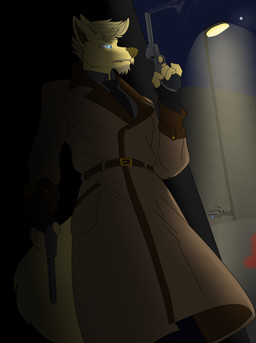 anthro blonde_hair blood blue_eyes bodily_fluids clothing coat detective facial_hair fur gun hair handgun low-angle_view moon mustache necktie night ranged_weapon revolver revolvers smoke solo street_lamp topwear trenchcoat weapon yellow_body yellow_fur conditional_dnp zer0rebel4 discord_(app) telegram dmitri_(zer0rebel4) bird_dog canid canine canis domestic_dog golden_retriever great_dane hunting_dog mammal mastiff molosser retriever absurd_res hi_res shaded