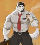 anthro barazoku beard belt beverage big_muscles black_hair black_nose bottomwear briefcase clock clothing coffee dress_shirt eyebrows facial_hair fur hair huge_muscles looking_at_viewer male muscular muscular_anthro muscular_male necktie pants shirt solo standing thick_eyebrows tight_clothing topwear watch white_body white_fur wristwatch imato conrad_(imato) canid canine canis mammal wolf 2019 hi_res