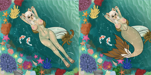 4_toes alternate_species ambiguous_feral ambiguous_gender anthro areola bangs breasts brown_claws brown_eyebrows brown_hair brown_inner_ear_fluff brown_tail_tip claws dipstick_tail eyebrows eyelashes feet female female_anthro female_focus feral fin fluffy fluffy_tail fur genitals green_eyes group hair hands_behind_head high-angle_view inner_ear_fluff larger_anthro larger_female lidded_eyes light long_hair looking_at_viewer looking_up looking_up_at_viewer markings medium_breasts navel nipples nude nude_ambiguous nude_anthro nude_female open_mouth open_smile orange_markings outside paws pink_areola pink_body pink_nipples red_tongue ripples rock scales seashell shell size_difference smaller_ambiguous smaller_feral smile smiling_at_viewer solo solo_focus split_form swimming tail tail_fin tail_markings tan_body tan_fur tan_hair tan_scales tan_tail toe_claws toes tongue tuft vulva water white_body evilangel_art annie_(evilangel_art) amur_carp anthozoan aquatic asterozoan canid canine canis carp cnidarian coral cyprinid cypriniform echinoderm fish hybrid koi mammal merfolk starfish typical_carp wolf 2024 colored digital_drawing_(artwork) digital_media_(artwork) english_description hi_res lighting multiple_images shaded