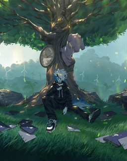 ambiguous_gender anthro blue_body blue_eyes blue_fur book clock clothing collar footwear fur grass plant sculpture shoes solo statue tree white_body white_fur zzigg nintendo pokemon kian_(kianyemao) canid canine generation_7_pokemon lycanroc mammal midnight_lycanroc pokemon_(species) shiny_pokemon hi_res