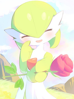 ambiguous_gender blush cloud eyes_closed flower grass green_pseudo_hair holding_flower holding_object mountain offering_flower open_mouth plant pseudo_hair rose_(flower) sky solo white_body haru_illust_u nintendo pokemon gardevoir generation_3_pokemon humanoid pokemon_(species) 2026 absurd_res hi_res