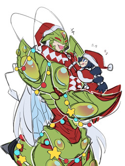 blush carrying_another christmas_clothing christmas_decorations christmas_lights clothing duo female holidays male string_lights confeito000_333 bandai_namco christmas digimon animal_humanoid arthropod arthropod_humanoid digimon_(species) human humanoid insect insect_humanoid jewelbeemon mammal 3:4 hi_res
