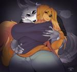 2018 anthro apollo_(cherrikissu) bedroom_eyes belly belly_rolls big_breasts breast_grab breasts canid canine canis cherrikissu clothed clothing curvy_figure dialogue digital_media_(artwork) domestic_dog duo english_text female fur grey_body grey_fur half-closed_eyes hand_on_another's_belly hand_on_belly hand_on_breast hi_res huge_breasts hunting_dog love_handles mabel_(cherrikissu) male male/female mammal mature_anthro mature_female narrowed_eyes saluki seductive sighthound slightly_chubby text thick_thighs voluptuous wide_hips wolf