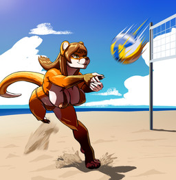 anthro ball beach beach_volleyball bikini breasts brown_hair clothing countershading female hair micro_bikini nipple_slip nipples orange_body outside red_bikini red_clothing red_swimwear sand solo swimwear tail two-piece_swimsuit volleyball_(ball) water white_body white_countershading koheiart julia_(werefox) canid canine fox mammal 2025 hi_res