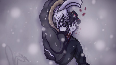 adolescent anthro blood blood_splatter blue_eyes bodily_fluids box_cutter clothing coat corpse death female fur knife on_ground scut_tail short_tail snow snowing suicide tail topwear white_body white_fur wound_on_arm wounded young zero_pictured manyanz 16:9 4k absurd_res hi_res widescreen