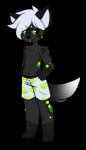 anthro black_body black_fur blue_hair boxers_(clothing) clothing fur green_body green_eyes green_fur grey_body grey_fur hair male simple_background solo text underwear freeze-pop88 canid canine mammal alpha_channel hi_res url