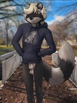 animal_genitalia anthro autumn autumn_leaves balls bottomless clothed clothing femboy fuzz fuzzy genitals hoodie male outside park penis public sheath solo topwear lizardlars corey gene_(kloogshicer) hyena mammal procyonid raccoon absurd_res hi_res