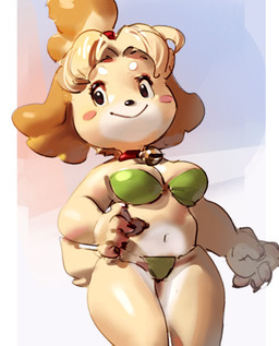 anthro bell bell_collar bikini blonde_hair blush blush_stickers breasts brown_body claws clothing collar female front_view green_bikini green_clothing green_swimwear hair navel simple_background smile solo swimwear tail two-piece_swimsuit secretartist animal_crossing nintendo isabelle_(animal_crossing) canid canine canis domestic_dog mammal 2022 digital_media_(artwork)