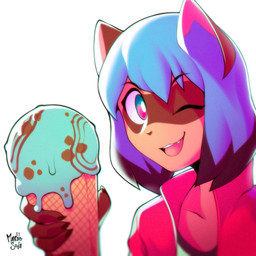 anthro blue_hair clothed clothing dessert facial_markings female food hair head_markings holding_food holding_object ice_cream looking_at_viewer markings mask_(marking) multicolored_eyes one_eye_closed open_mouth open_smile short_hair simple_background smile solo white_background wink marblesoda brand_new_animal studio_trigger michiru_kagemori canid canine mammal raccoon_dog tanuki 1:1 2020 digital_media_(artwork) hi_res signature