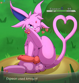 animal_genitalia animal_penis balls big_penis bodily_fluids canine_genitalia canine_penis erection feral forked_tail fur gameplay_mechanics gender_symbol genital_fluids genitals gesture grass gui health_bar knot looking_at_viewer male male_symbol one_eye_closed pawpads penis pink_body pink_fur plant precum smile smiling_at_viewer solo symbol tail tail_gesture tail_heart text unusual_anatomy unusual_tail cloudeon nintendo pokemon eeveelution espeon generation_2_pokemon pokemon_(species) absurd_res chromatic_aberration english_text hi_res