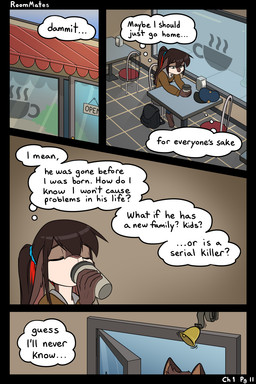 4_panel_comic anthro black_border black_hair border brown_body brown_fur clothed clothed_anthro clothed_female clothing coffee_cup coffee_shop container cup female fully_clothed fully_clothed_anthro fully_clothed_female fur hair highlights_(coloring) inside page_number profanity red_highlights solo text thought_bubble black-kitten ken_(black-kitten) maya_(black-kitten) canid canine canis domestic_dog hybrid lagomorph leporid mammal rabbit 2:3 colored comic english_text hi_res
