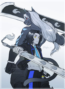 accessory anthro biceps black_body black_fur black_hair duo fur greatsword hair long_hair male melee_weapon muscular muscular_anthro muscular_male necktie sword weapon white_hair 7thglow_ir bandai_namco digimon digimon_beatbreak kyo_sawashiro digimon_(species) felid human mammal murasamemon pantherine absurd_res hi_res