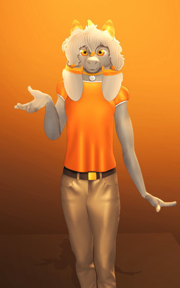anthro clothed clothing floppy_ears fur grey_body grey_fur hair horn khaki_pants male orange_clothing orange_eyes orange_horn orange_shirt orange_t-shirt orange_topwear shirt solo t-shirt topwear conditional_dnp gusta gusta_(gusta) bovid caprine goat mammal 5:8 hi_res
