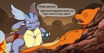 2024 accessory angry anthro blue_body chain charmeleon detailed_background dialogue duo english_text feral generation_1_pokemon image_comics invincible_(comics) invincible_(tv_series) leroy_mirage lying male meme mycaelis nintendo on_back orange_body outside parody pokemon pokemon_(species) redraw rock scalie shaded smoke spiral_eyes standing tail text think_mark_think! vorechestra wartortle