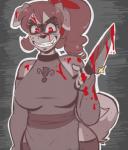 anthro blood bodily_fluids breasts creepy female grin holding_knife holding_object knife looking_at_viewer murderer red_eyes smile solo phuufy uberquest kibbles_(uberquest) kibella canid canine canis domestic_dog mammal absurd_res hi_res