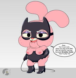 3_fingers anthro areola armwear bare_shoulders bedroom_eyes big_areola big_breasts big_ears big_eyes big_iris big_nipples biped black_armwear black_boots black_clothing black_elbow_gloves black_eyes black_footwear black_gloves black_handwear black_high_heeled_boots black_high_heels black_markings black_mask black_shoes black_text bold_text boots breasts breasts_apart clothed clothed_anthro clothed_female clothing crotchless_clothing dialogue dominatrix elbow_gloves elderly elderly_anthro elderly_female ellipsis eyebrows eyelashes eyeshadow facial_markings female fingers floppy_ears footwear fur genitals glistening glistening_areola glistening_armwear glistening_boots glistening_breasts glistening_clothing glistening_elbow_gloves glistening_eyelids glistening_footwear glistening_genitalia glistening_gloves glistening_handwear glistening_high_heeled_boots glistening_high_heels glistening_shoes glistening_vulva gloves gradient_background grey_eyebrows hand_on_hip hand_on_own_hip handwear head_markings high_heeled_boots high_heels holding_object holding_whip ineffective_clothing innie_vulva iris latex latex_armwear latex_clothing latex_elbow_gloves latex_gloves latex_handwear light_areola light_body light_fur light_nipples logo long_eyelashes looking_at_viewer makeup markings mask mature_anthro mature_female muzzle_(marking) narrowed_eyes nipples no_pupils open_mouth open_smile pink_areola pink_body pink_breasts pink_ears pink_fur pink_nipples pink_nose pink_tail pink_tongue plump_labia puffy_areola puffy_nipples purple_eyeshadow sagging_breasts scut_tail seductive shoes short_tail simple_background smile smiling_at_viewer snout solo speech_bubble standing tail talking_to_viewer term_of_endearment text text_emphasis thick_eyebrows thick_thighs three-quarter_view tongue vulva whip whisker_markings white_markings white_sclera white_speech_bubble wrinkles takaneru cartoon_network the_amazing_world_of_gumball joanna_watterson lagomorph leporid mammal rabbit 2026 absurd_res artist_logo artist_name digital_drawing_(artwork) digital_media_(artwork) english_text hi_res