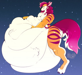 abdominal_bulge after_vore anthro belly belly_grab belly_on_ground big_belly big_butt butt claws fluffy fluffy_tail fur hair hand_on_belly huge_belly hyper hyper_belly male muscular pink_hair rumbling_stomach simple_background smile solo standing striped_body striped_fur stripes tail vore yellow_body nuhichpukich canid canine fox mammal 2025 colored digital_drawing_(artwork) digital_media_(artwork) hi_res