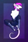 albino anthro areola biped border breasts clothing female female_anthro footwear fur hair jumpsuit looking_at_viewer nipples open_jumpsuit open_mouth outside_border pink_eyes pink_hair purple_background simple_background solo tail topwear_down undressing whiskers white_body white_fur phlegraofmystery mammal murid murine rat rodent digital_drawing_(artwork) digital_media_(artwork) signature