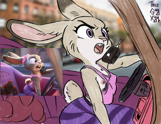 anthro bottomwear breasts buckteeth car clothed clothing dipstick_ears driving ear_markings electronics female fur grey_body grey_fur long_ears multicolored_ears nipple_outline nipple_slip nipples offscreen_character one_breast_out pants pattern_bottomwear pattern_clothing purple_eyes radio screencap scut_tail shirt short_tail solo striped_bottomwear striped_clothing stripes tail tank_top teeth topwear vehicle thisguyxyq disney zootopia judy_hopps nick_wilde canid canine european_rabbit fox lagomorph leporid mammal oryctolagus rabbit red_fox true_fox reference_image