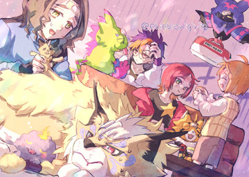 anthro bandage black_body black_fur blonde_hair brown_body brown_fur bruised cloak clothing cowl eyewear female feral first_aid_kit flying fur glasses green_body group hair male medical_instrument orange_body orange_fur red_hair scientific_instrument smile wings ebiebionigiri bandai_namco digimon digimon_beatbreak kyo_sawashiro makoto_kuonji reina_sakuya tomoro_tenma chiropmon cougarmon digimon_(species) gekkomon human mammal pristimon scalie hi_res