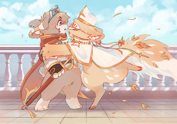 anthro blush blush_lines brown_body brown_fur cape chess clothed clothing cloven_hooves digitigrade duo ear_piercing featureless_crotch fur glomp gold_(metal) gold_jewelry hat headgear headwear hooves inner_ear_fluff jewelry male male/male markings mask melee_weapon outside partially_clothed piercing running scabbard standing sword tail tail_markings tan_body tan_fur tuft weapon white_body white_fur sabiksphinx asian_mythology chinese_mythology east_asian_mythology fabulous_beasts mythology sibuxiang_the_deer_(fabulous_beasts) tuye_(fabulous_beasts) deer lagomorph leporid mammal rabbit digital_drawing_(artwork) digital_media_(artwork) hi_res