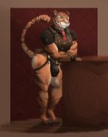 anthro bedroom_eyes big_bulge big_butt big_pecs bulge butt clothed clothing digitigrade formal_wear fur grin jewelry jockstrap leaning leaning_forward male muscular muscular_male muscular_thighs narrowed_eyes necktie orange_body orange_fur partially_clothed pecs pink_nose raised_tail scar seductive smile solo stripes tail thick_thighs tight_clothing topwear underwear vest yellow_eyes yannirosegold epic_games fortnite versace oscar_(fortnite) felid mammal pantherine tiger absurd_res adobe_photoshop_(artwork) digital_media_(artwork) hi_res