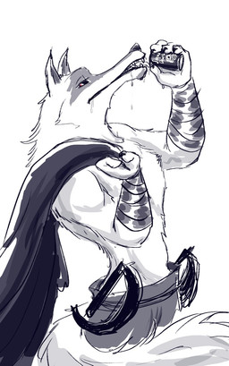 anthro beverage clothed clothing drinking facial_markings fluffy head_markings holding_object looking_at_viewer male markings mask_(marking) pointy_ears prick_ears red_eyes simple_background solo white_background ultimatellurker dreamworks puss_in_boots_(franchise) death_(puss_in_boots) canid canine canis mammal wolf hi_res