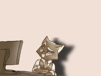 anthro big_head clothed clothing collared_shirt computer dress_shirt electronics eyewear fur glasses keyboard looking_aside male monitor necktie pince-nez rolled_up_sleeves shirt simple_background solo topwear vest unknown_artist lackadaisy mordecai_heller domestic_cat felid feline felis mammal digital_media_(artwork) low_res reaction_image