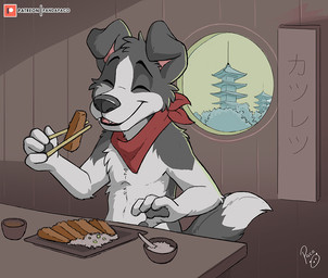 anthro arm_tuft cheek_tuft dipstick_tail elbow_tuft eyes_closed facial_tuft fingerpads floppy_ears fur grey_body grey_fur grey_pawpads grey_tail happy head_tuft inside kerchief logo male male_anthro markings neckerchief neckwear pawpads red_kerchief red_neckerchief smile solo tail tail_markings tuft white_body white_fur white_tail young young_anthro young_male pandapaco canid canine canis domestic_dog mammal artist_logo signature