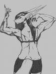 anthro back_focus bra claws clothing drawing female hair muscular muscular_female piercing solo underwear hierro_(artist) hierro 2017 absurd_res digital_media_(artwork) greyscale hi_res monochrome sketch