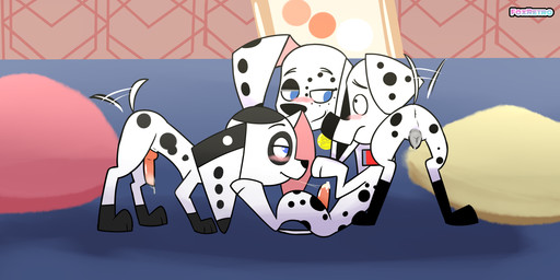 animal_genitalia animal_penis animal_vulva black_ears black_nose black_spots blue_eyes canine_genitalia canine_penis canine_vulva collar female feral floppy_ears fur genitals group heterochromatic_ears male male/female male/male penis pink_inner_ear red_collar spots toony trio vulva white_body white_fur white_spots foxretro 101_dalmatian_street 101_dalmatians disney dakarai_(the_great_condor) dalila_(the_great_condor) dylan_(101_dalmatians) canid canine canis dalmatian domestic_dog mammal 2:1 hi_res