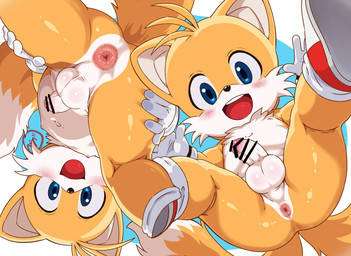 2_tails 5_fingers anthro anus balls balls_blush biped black_clothing black_gloves black_handwear black_nose blue_background blue_eyes blush blush_lines body_blush butt censor_bar censored_genitalia censored_penis cheek_tuft chest_tuft clothing dipstick_tail erection facial_tuft fingers footwear fur genital_raphe genitals glans glistening glistening_balls glistening_body glistening_eyes glistening_genitalia glistening_legs glistening_penis gloves hands_on_legs hands_on_own_legs hands_on_own_thighs hands_on_thighs handwear humanoid_genitalia humanoid_penis logo looking_at_viewer low-angle_view male male_anthro markings mismatched_genitalia mismatched_humanoid_penis mismatched_penis mostly_nude mostly_nude_anthro mostly_nude_male multi_tail multicolored_body multicolored_clothing multicolored_footwear multicolored_fur multicolored_gloves multicolored_handwear multicolored_penis multicolored_shoes multicolored_tail navel nipples open_mouth open_smile penis pink_anus pink_glans pink_nipples pink_penis presenting presenting_anus raphe_(anatomy) red_clothing red_footwear red_shoes scrotal_raphe shoes simple_background small_penis smile smiling_at_viewer solo spread_legs spreading tail tail_markings teeth tongue tuft two_tone_body two_tone_clothing two_tone_footwear two_tone_fur two_tone_gloves two_tone_handwear two_tone_penis two_tone_shoes white_background white_balls white_body white_clothing white_footwear white_fur white_gloves white_handwear white_inner_ear white_penis white_shoes white_tail white_tail_tip yellow_body yellow_fur yellow_tail young young_anthro young_male homurabe sega sonic_the_hedgehog_(series) miles_prower canid canine fox mammal 2026 artist_logo censored digital_media_(artwork) hi_res japanese_description