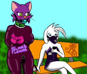 anthro ball_gag bdsm bench bondage bound cellphone clothing collar corset curvy_figure day duo electronics female gag gagged heart_symbol humiliation latex latex_clothing latex_skinsuit leash lingerie mistress muzzle_(object) muzzled neon on_bench outside park phone public public_humiliation skinsuit sky slave slightly_chubby tight_clothing topwear voluptuous walkies jedader canid canine canis domestic_cat domestic_dog felid feline felis mammal