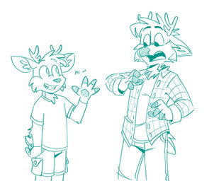 :3 anthro antlers bottomwear cargo_shorts clothing duo greeting horn male open_mouth open_smile pants pattern_clothing pattern_shirt pattern_topwear plaid plaid_clothing plaid_shirt plaid_topwear shirt shocked shorts smile t-shirt teeth_showing text tongue_showing topwear tinydeerguy darwin_(tinydeerguy) deer mammal english_text hi_res monochrome