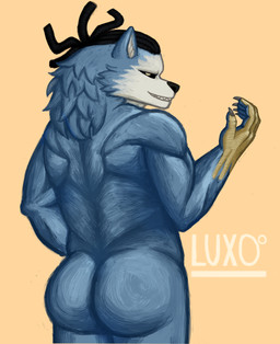 4_toes anisodactyl anthro back_muscles black_sclera dreadlocks feet horn male muscular pupils solo toes white_pupils luxoh chojuro_kon canid canine canis chimera mammal wolf absurd_res hi_res