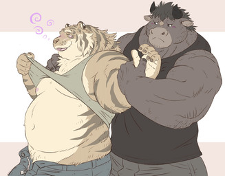 anthro belly bottomwear clothing drunk duo humanoid_hands kemono male moobs nipples overweight overweight_male pants shirt substance_intoxication tank_top topwear undressing gadoran bovid bovine cattle felid mammal pantherine tiger 2021