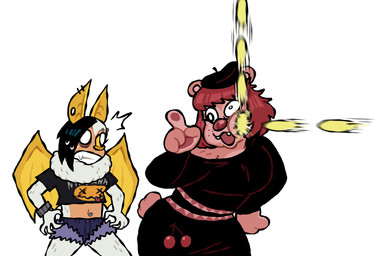anthro ball beret brown_body brown_fur brown_hair clothing duo female fur gesture hair hand_gesture hat headgear headwear hit_by_ball midriff pointing pointing_up simple_background tennis_ball white_background white_body white_fur wings yellow_ears yellow_wings blarf022 kill_la_kill studio_trigger sherry_bear_(blarf022) vranda_von_bat_(blarf022) bat bear honduran_white_bat leaf-nosed_bat mammal microbat yangochiropteran 2025 absurd_res hi_res