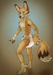 5_fingers abs anthro blue_eyes clean_diaper clothed clothing diaper fingers fur male multicolored_body multicolored_fur paws solo standing tail tail_grab wearing_diaper wetness_indicator biotic_(artist) canid canine canis coyote mammal 2018 hi_res