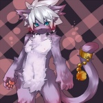 accessory anthro bell blue_eyes chest_tuft fur furgonomics grey_hair hair male pawpads solo tail tail_accessory tail_bell tuft kosian domestic_cat felid feline felis mammal 1:1 hi_res